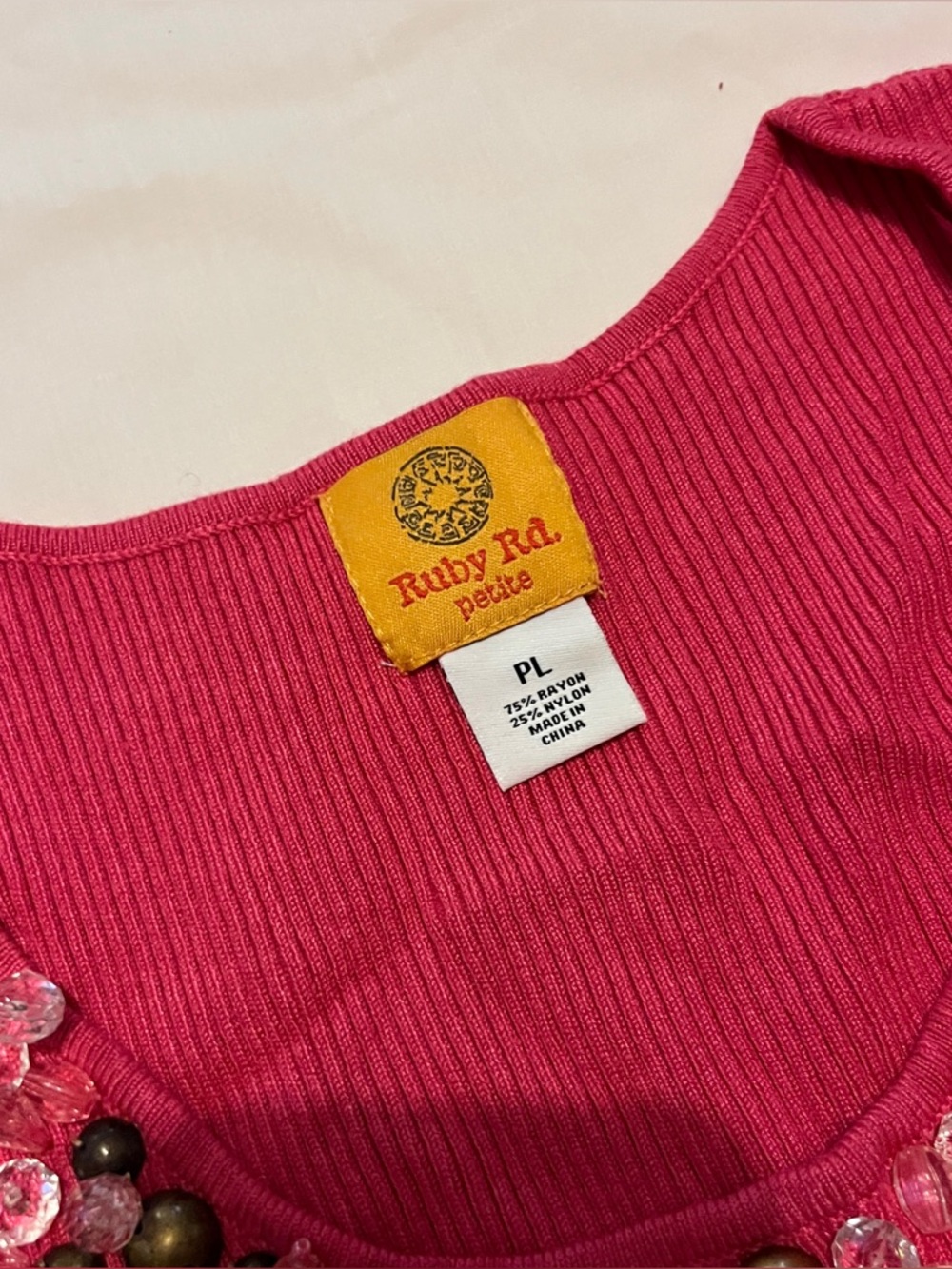 Ruby Rd. Hot Pink Beaded Ribbed Knit Tank Top - Size PL - Picture 3 of 8